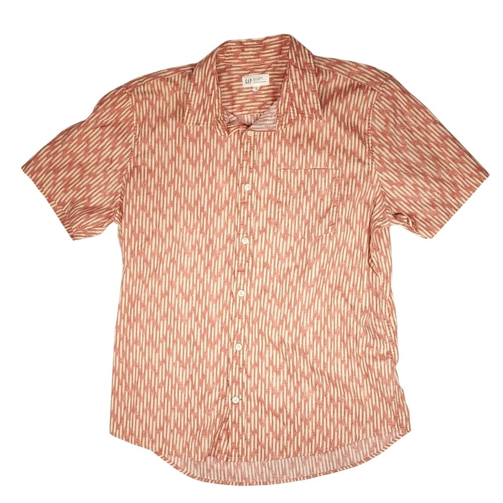 Gap Shirt Mens Large Red Geometric Short Sleeve Button Up Slim Fit Stretch